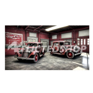 1930s Auto Mechanic Workshop with Two Red Cars Digital Download