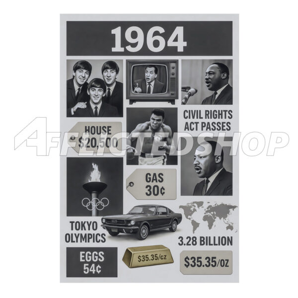 1964 Year in Review Collage – Historic Events, Pop Culture & Prices Digital Wall Art