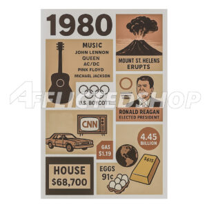 1980 Year in Review Collage – Historic Events, Pop Culture & Prices Digital Wall Art